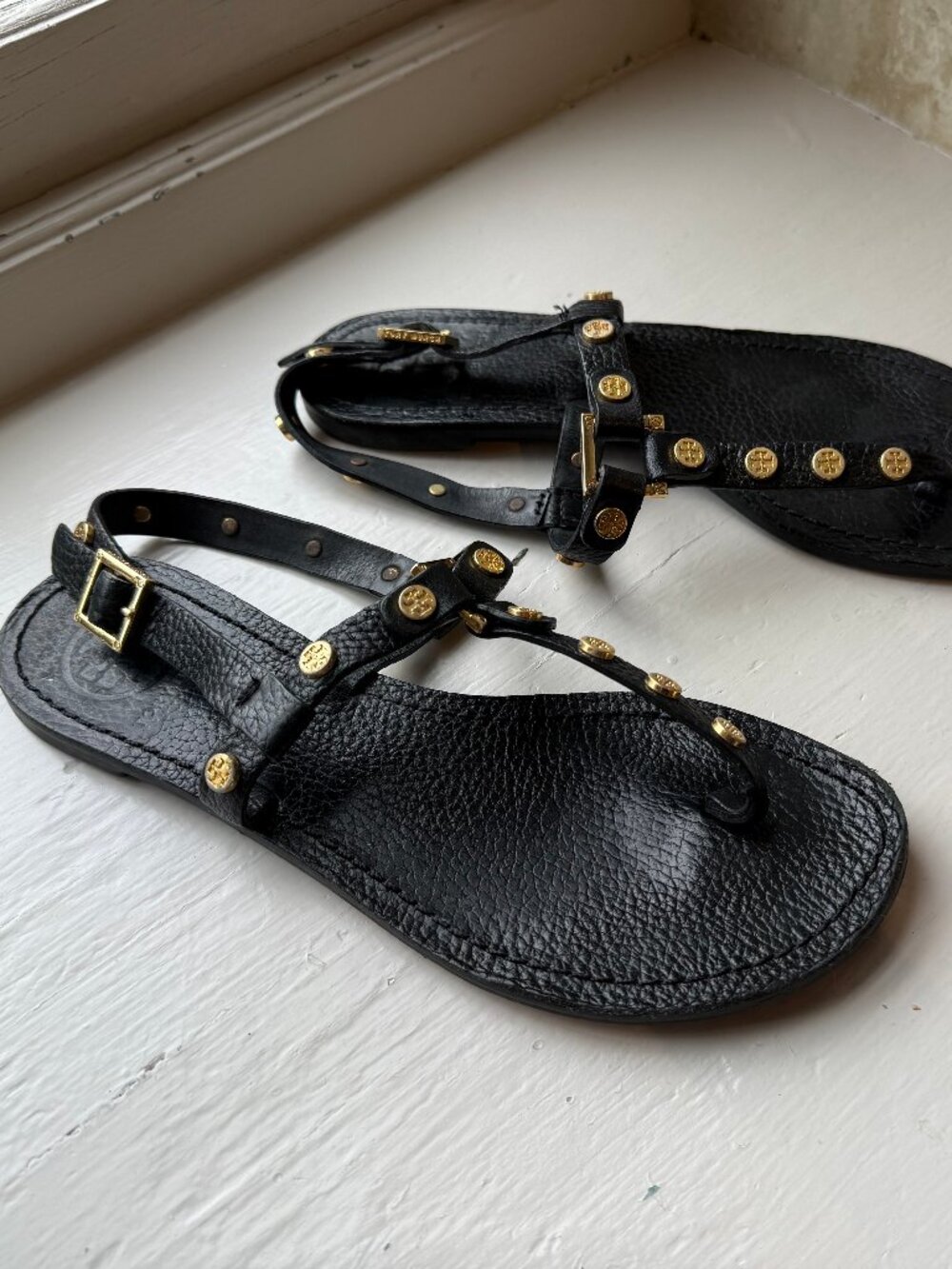 Tory Burch Marge Logo Sandals Black Leather Studded Size 7M